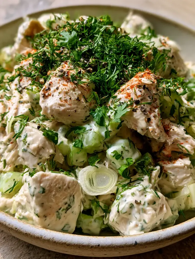 Overhead view of savory chicken salad seasoned with smoked paprika and black pepper.