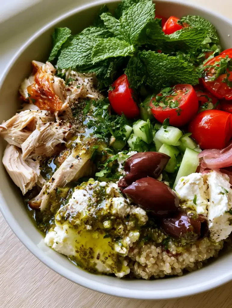 Quinoa Rotisserie Chicken Salad: The Ultimate Mediterranean Glow Bowl 1 Close-up of shredded rotisserie chicken with golden skin and creamy feta chunks in a Quinoa Rotisserie Chicken Salad.