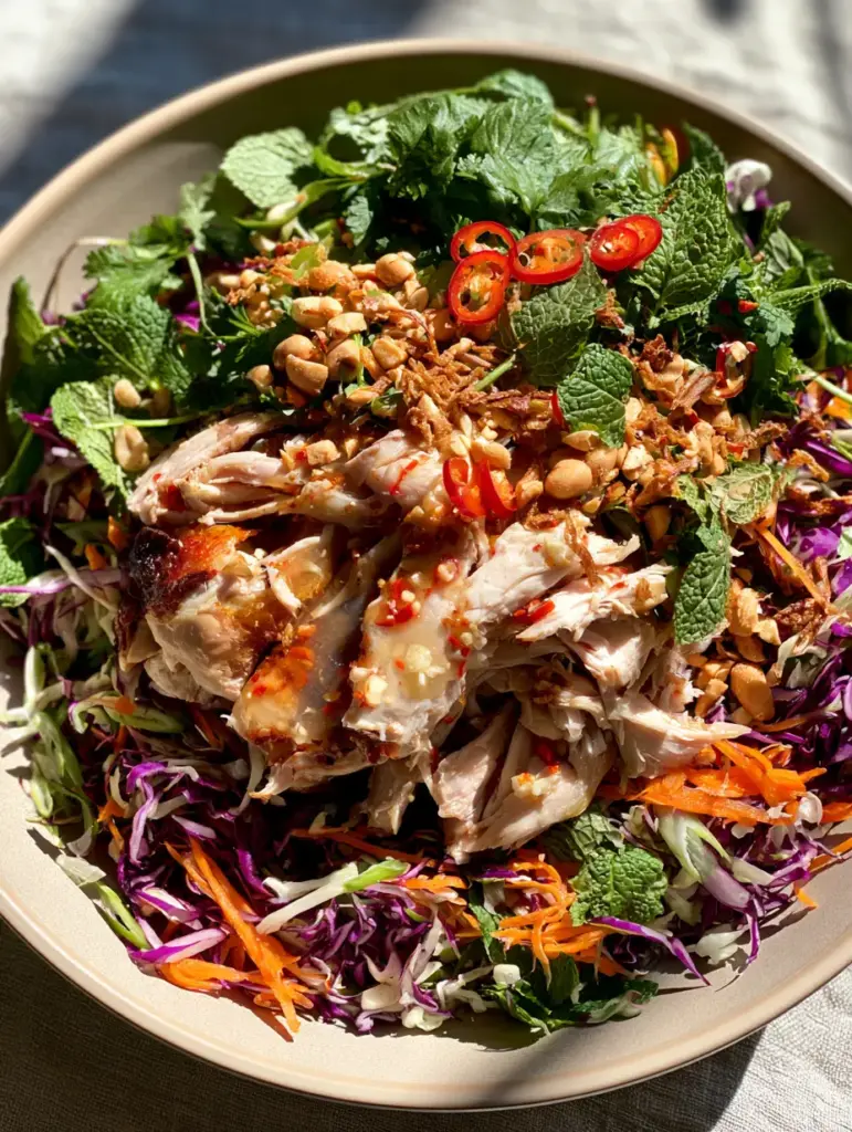 Close up of glossy Nuoc Cham dressing being drizzled over a Vietnamese Chicken Salad with golden shallots and roasted peanuts.