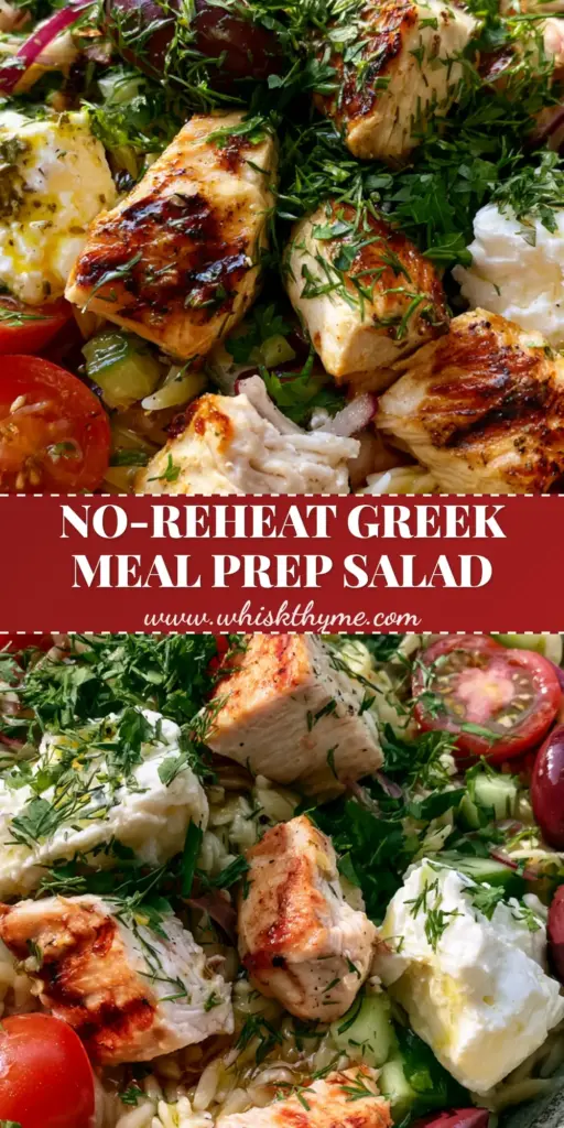 Greek chicken orzo salad with Lemon Herb Vinaigrette 4 A vibrant Greek chicken orzo salad in a rustic bowl with seared chicken, feta chunks, and fresh herbs.