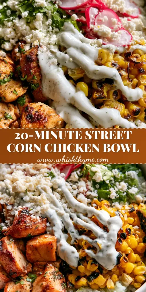 Street Corn Chicken Bowl with Charred Corn and Zesty Lime Crema 3 A top-down view of a Street Corn Chicken Bowl showing quadrants of cilantro lime chicken, charred corn, and fluffy rice with a zig-zag crema drizzle.