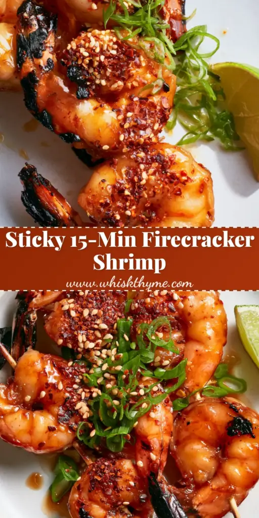 Firecracker Shrimp Skewers with Spicy Honey Garlic Glaze 4 A tall Pinterest pin image showing Firecracker Shrimp Skewers with a thick, glowing red honey garlic glaze and charred edges.