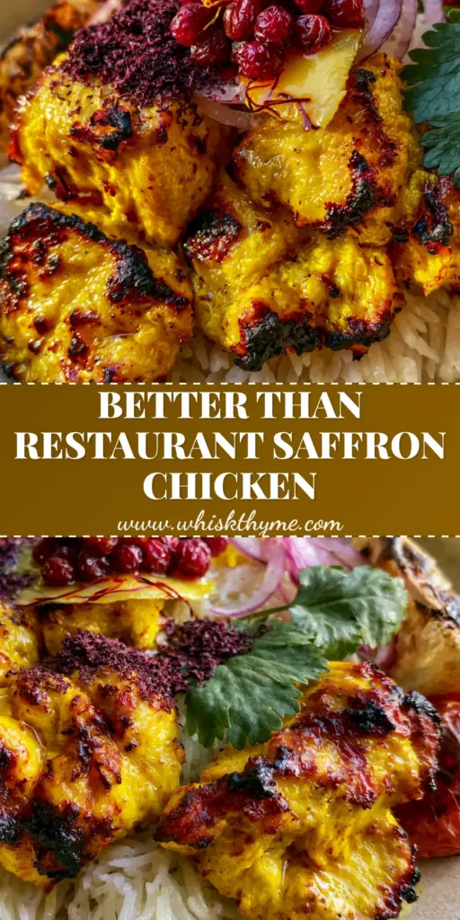 A close-up shot of grilled Persian Saffron Chicken skewers served with ruby barberries and fluffy rice. (Persian Saffron Chicken)