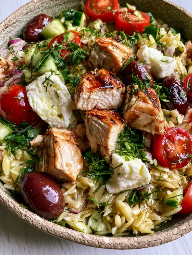 Greek chicken orzo salad with Lemon Herb Vinaigrette 2 Macro overhead shot of Greek chicken orzo salad showing golden-brown chicken and juicy cherry tomatoes.