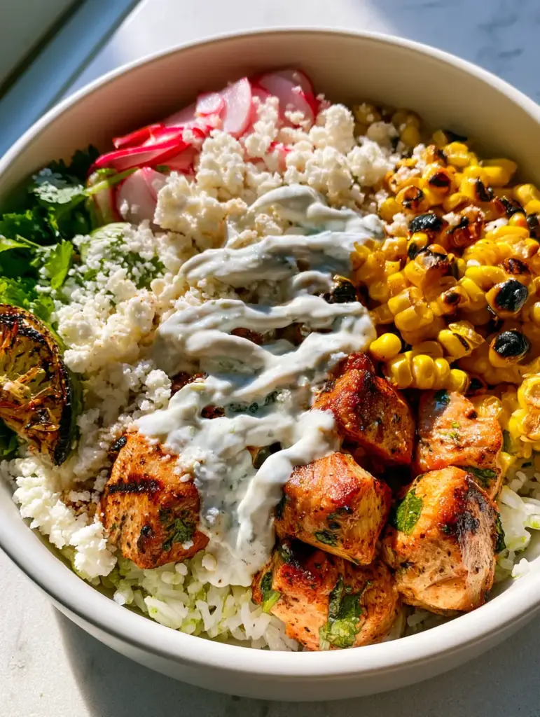 Street Corn Chicken Bowl with Charred Corn and Zesty Lime Crema 2 Close up of seared chicken breast cubes and charred sweet corn in a white ceramic bowl.