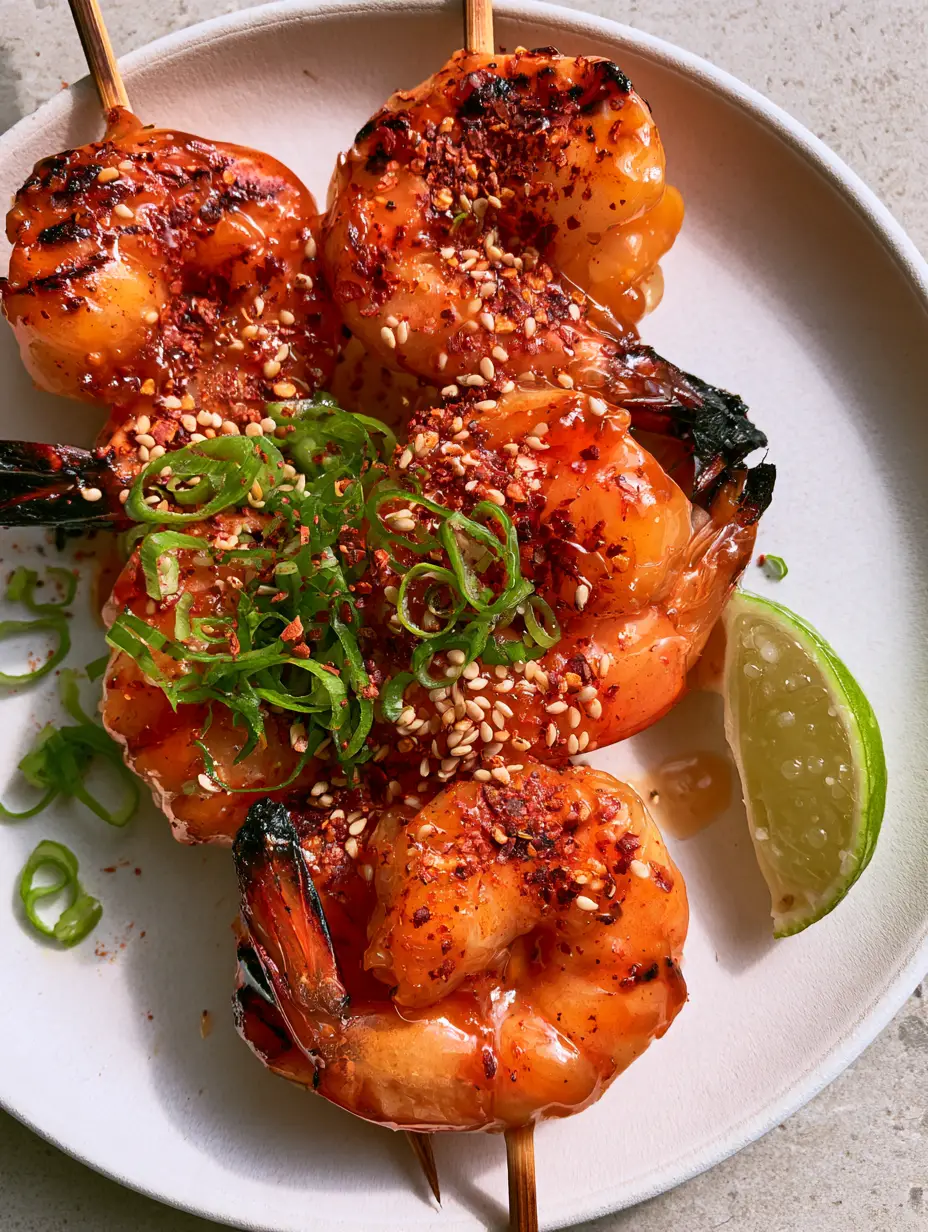 Firecracker Shrimp Skewers with Spicy Honey Garlic Glaze 3 Top-down close-up of three Firecracker Shrimp Skewers on a white plate with visible red pepper flakes and scallions.