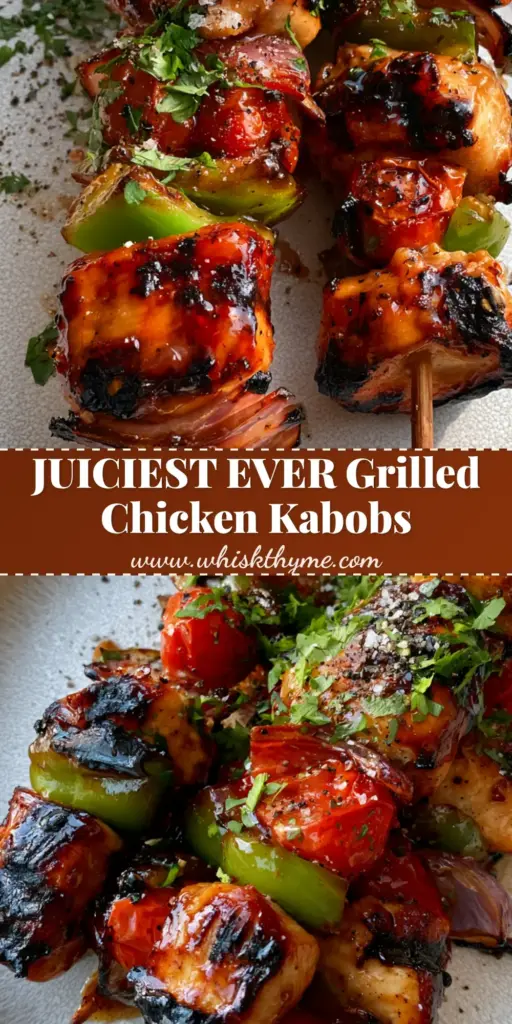 A vertical shot of Grilled Chicken Kabobs with glistening honey garlic glaze, charred bell peppers, and blistered tomatoes on a white plate.