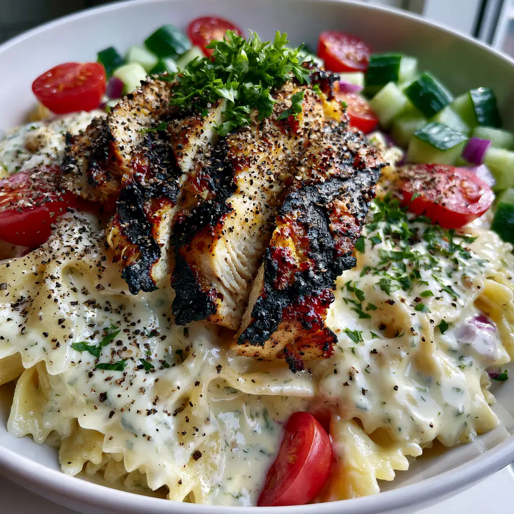 Grilled Chicken Bow Tie Pasta Salad with Creamy Herb Dressing 2 Top-down macro shot of Grilled Chicken Bow Tie Pasta Salad showing glossy white sauce and emerald green cucumbers.