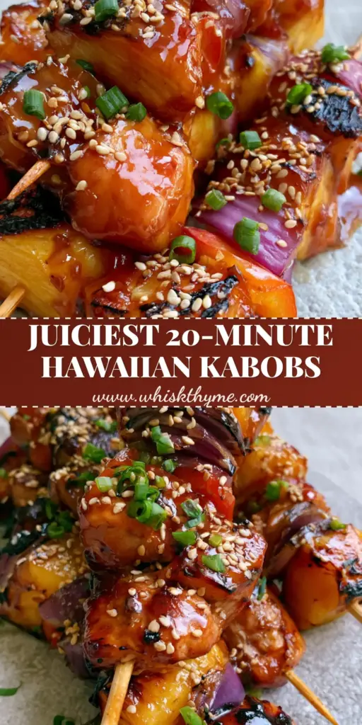 Pineapple Chicken Kabobs with a Thick Mahogany Glaze 3 A vertical shot of pineapple chicken kabobs with a thick mahogany glaze, toasted sesame seeds, and scallions on wooden skewers. (pineapple chicken kabobs)