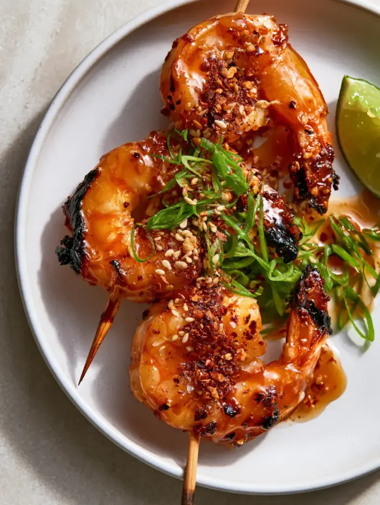 Firecracker Shrimp Skewers with Spicy Honey Garlic Glaze 1 Firecracker Shrimp Skewers showing charred grill marks and a glossy orange-red glaze on a stone background.