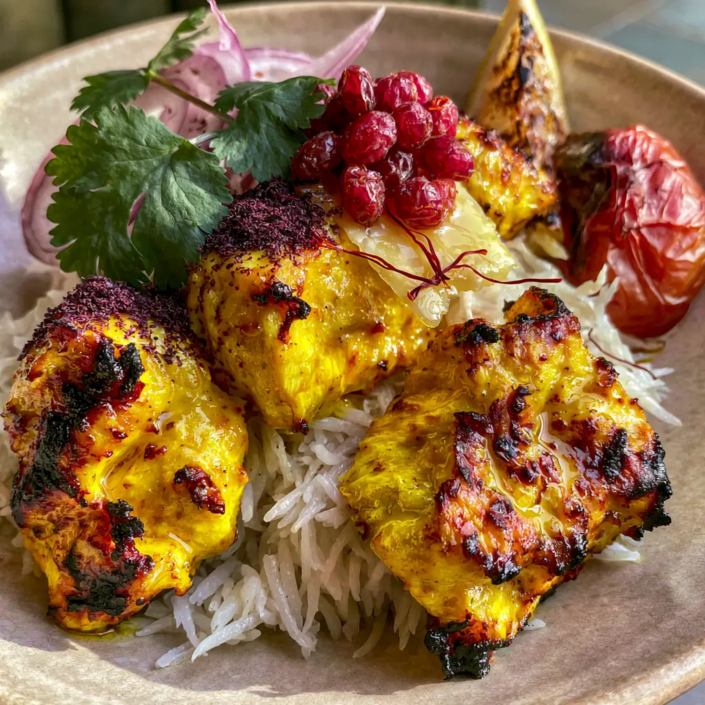 Side view of a ceramic plate with Persian Saffron Chicken, blistered tomatoes, and charred lemon wedges.