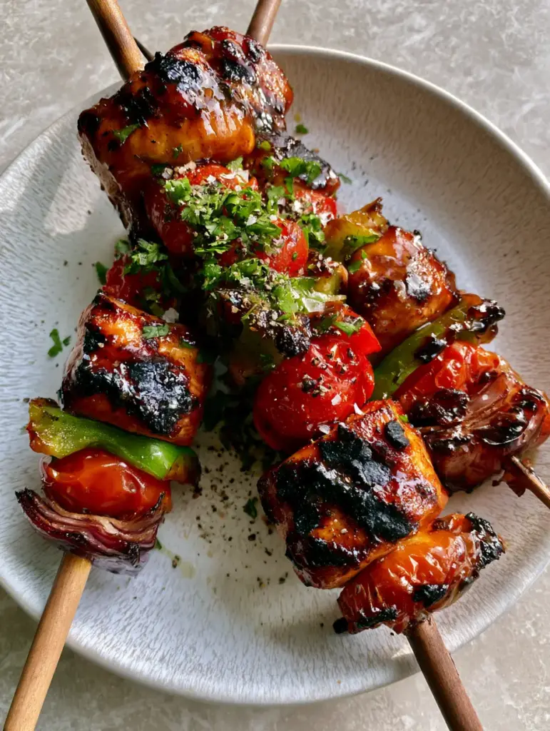 Close-up high-angle view of Grilled Chicken Kabobs with succulent breast chunks, honey garlic glaze, and fresh cilantro garnish.