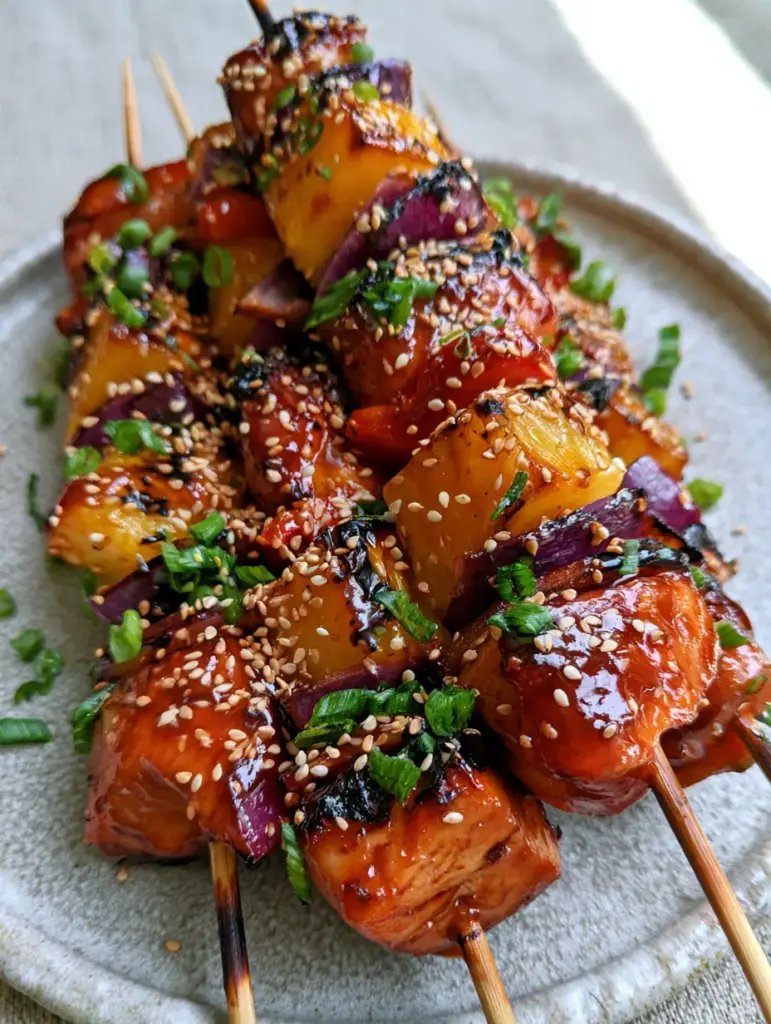 A stack of three long wooden skewers with seared chicken breast cubes, caramelized yellow pineapple, and purple onions. (pineapple chicken kabobs)