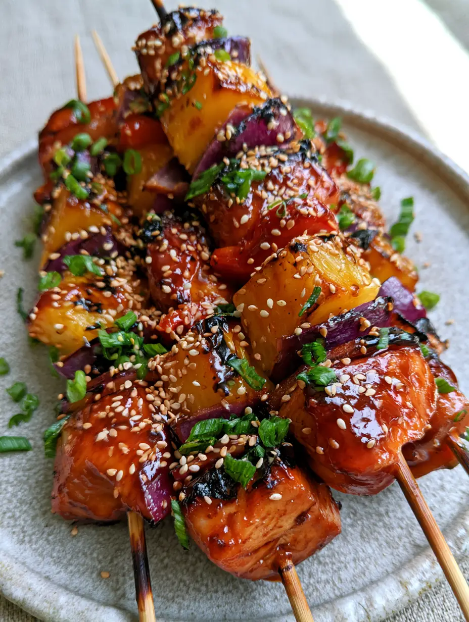 Pineapple Chicken Kabobs with a Thick Mahogany Glaze 4 A stack of three long wooden skewers with seared chicken breast cubes, caramelized yellow pineapple, and purple onions. (pineapple chicken kabobs)
