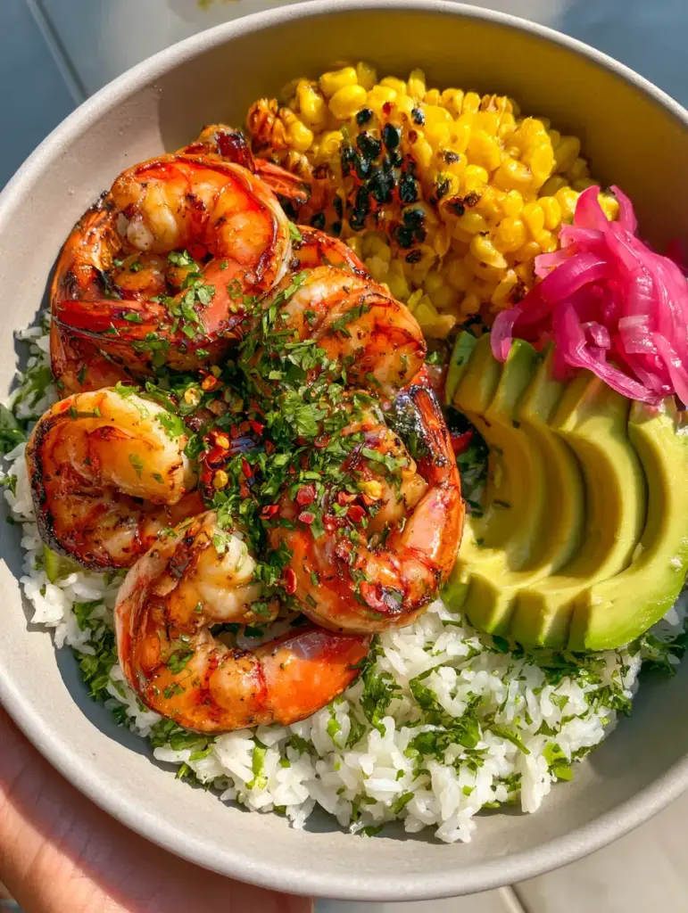 High angle shot of seared jumbo shrimp with honey-lime glaze and red chili flakes in chili lime shrimp bowls.