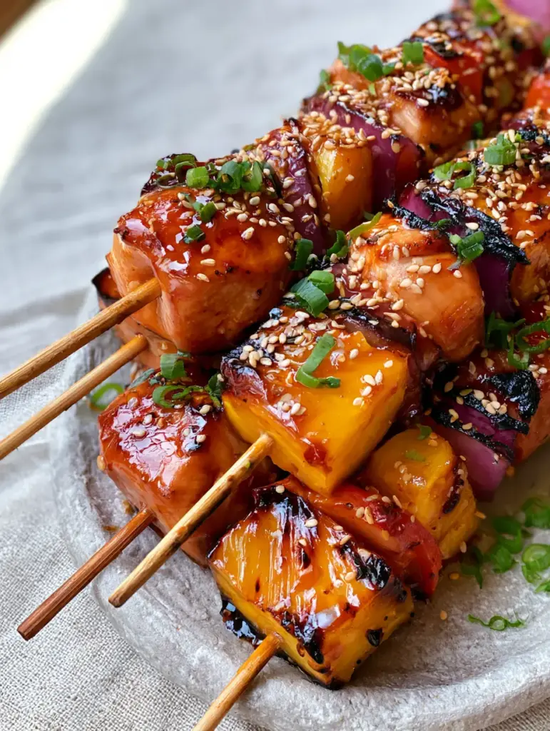 Pineapple Chicken Kabobs with a Thick Mahogany Glaze 1 Juicy seared chicken breast chunks and charred red bell peppers on skewers with toasted white sesame seeds.