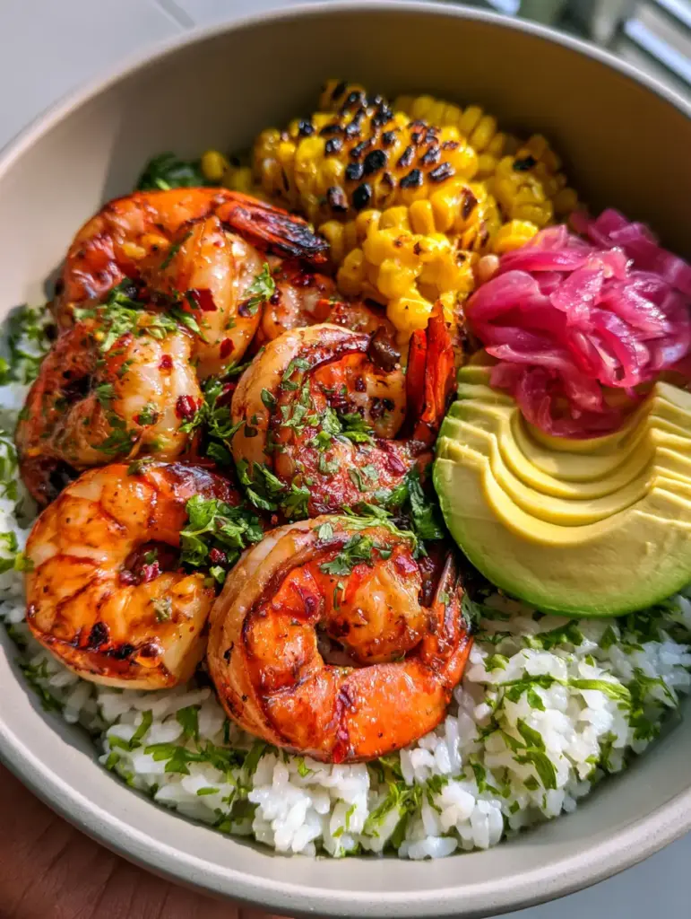 Close up of charred sweet corn and pickled red onion ribbons inside chili lime shrimp bowls.