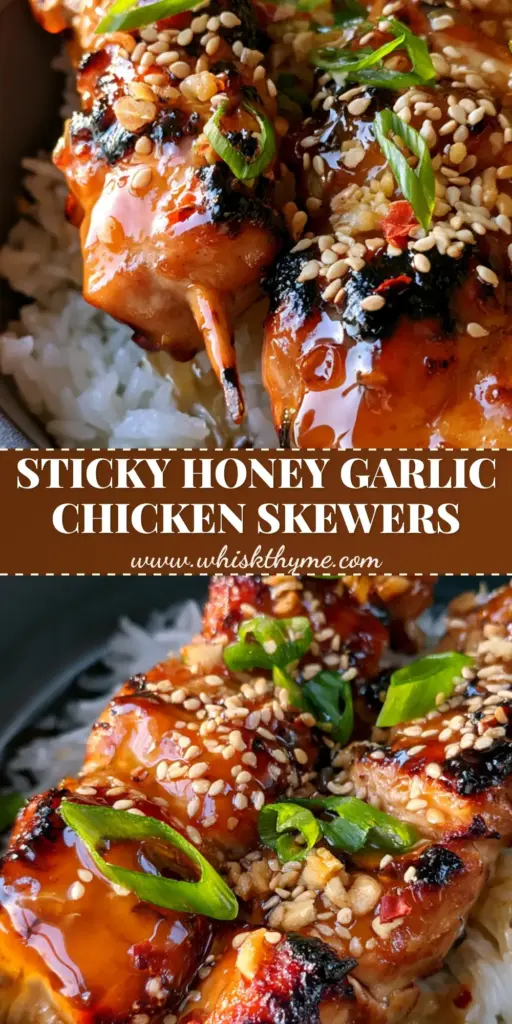 Extreme close-up of three honey garlic chicken skewers with a thick amber glaze over jasmine rice in a charcoal bowl.