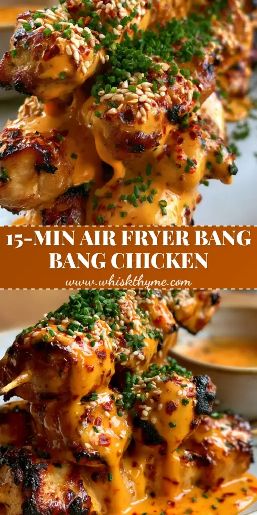 Air Fryer Bang Bang Chicken Skewers: The Ultimate Crispy & Creamy 20-Minute Dinner 3 A stack of Air Fryer Bang Bang Chicken Skewers on a white plate, heavily coated in glossy orange sauce with chives and sesame seeds.