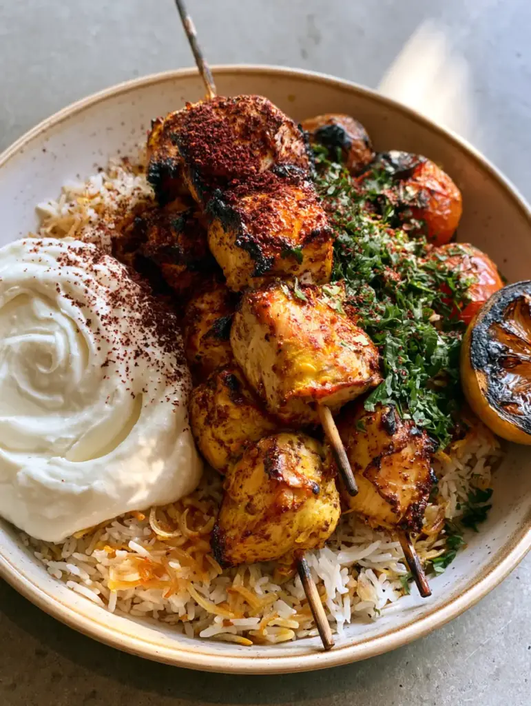 Close up of grilled Middle Eastern chicken skewers showing deep golden-brown char marks and yogurt marinade texture.