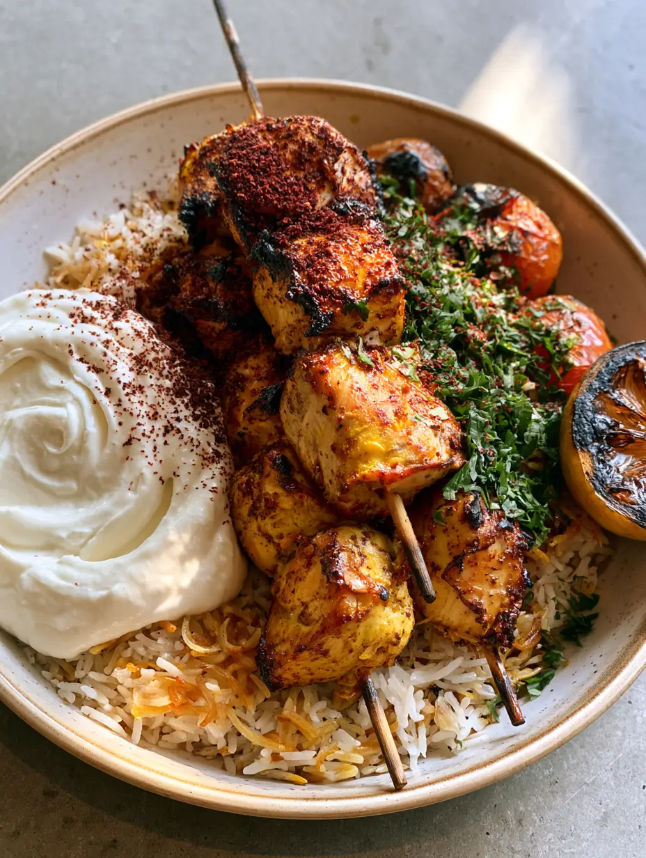 Close up of grilled Middle Eastern chicken skewers showing deep golden-brown char marks and yogurt marinade texture.