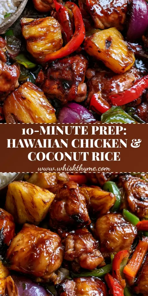 Hawaiian Chicken with Coconut Rice: The Ultimate Sheet Pan Dinner 4 Overhead view of a sheet pan filled with Hawaiian Chicken with Coconut Rice, featuring charred pineapple and glistening teriyaki glaze.